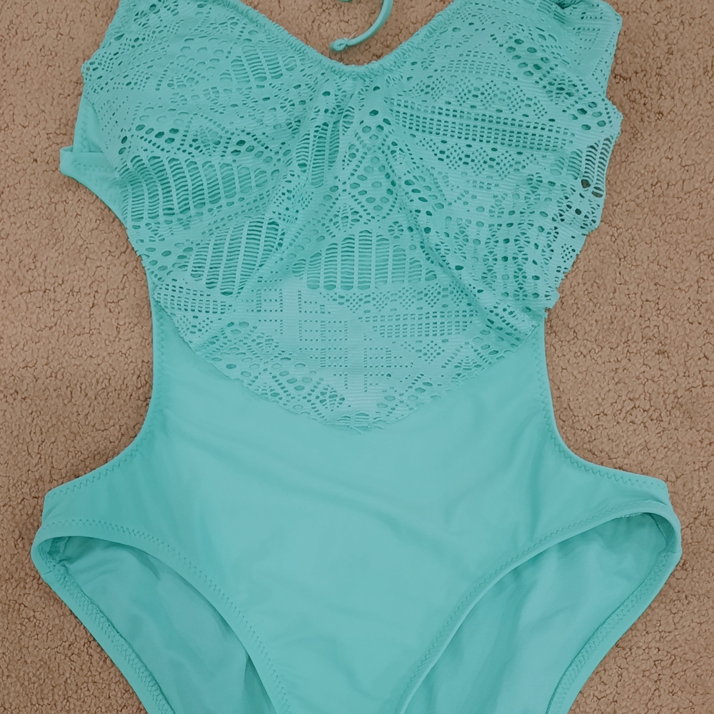 Aqua Lace Womens One Piece Swimsuit, Size Small,  Open Back,  Ties At Neck